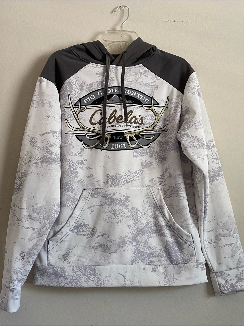 Cabela's White and Black Camo Crewneck Hoodie with Antler Logo